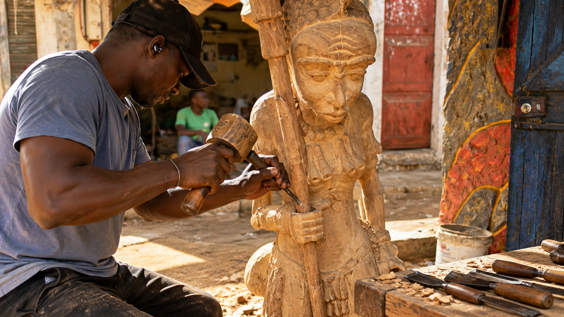 Holzbildhauer bei der handgefertigten Bearbeitung einer Holzskulptur in Senegal