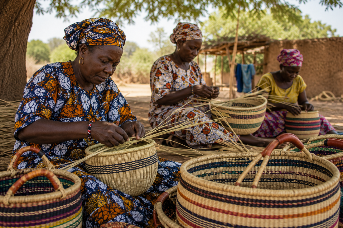 Afrikanische Frauen beim Korbflechten im Dorf