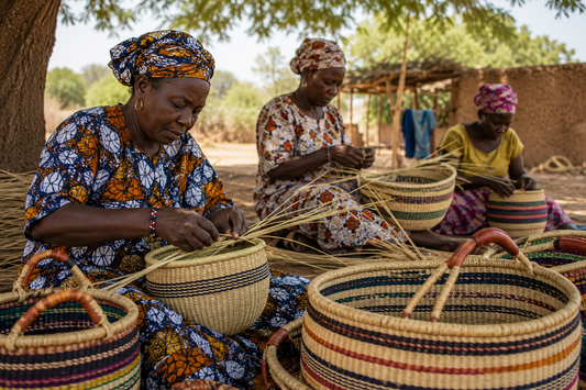 Afrikanische Frauen beim Korbflechten im Dorf