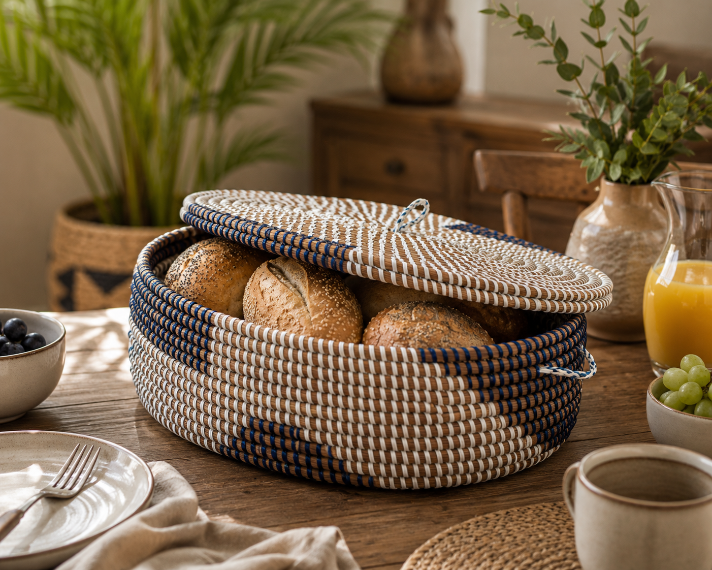 KorbZiguinchor – Handgefertigter Brot- und Servierkorb mit Deckel aus Senegal