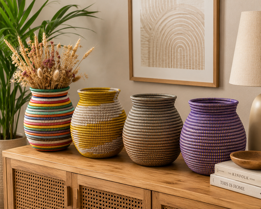 Vier handgefertigte afrikanische Körbe Seereer ohne Deckel als Deko-Vasen mit Trockenblumen auf einem Sideboard