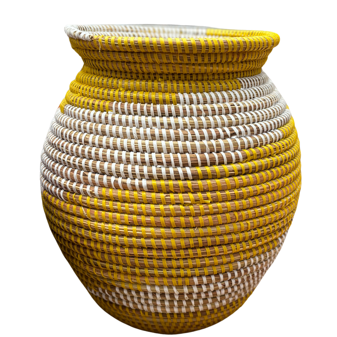 Handgefertigter Deko-Korb Seereer in Gelb und Weiß gestreift offenes Design aus Afrika