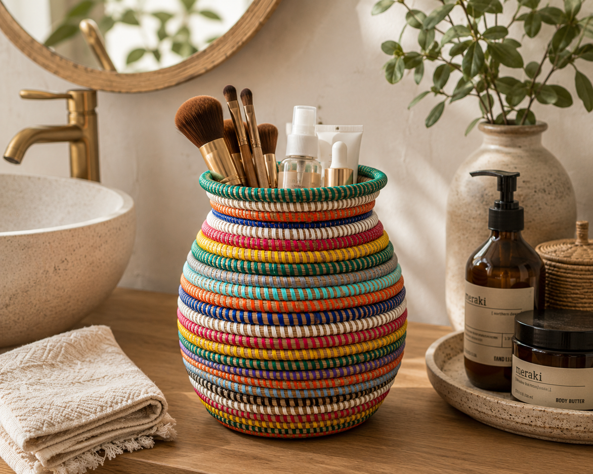 Bunter afrikanischer Korb Seereer genutzt als Halter für Haarbürsten und Kosmetik im Badezimmer