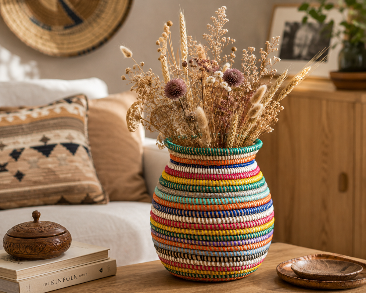 Mehrfarbiger Flechtkorb als Vase für Trockenblumen auf einer hölzernen Kommode im Wohnzimmer