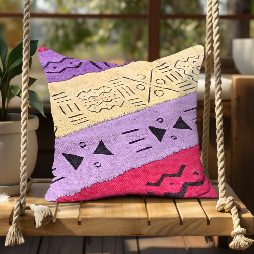 Bogolan-Kissen in Rosa mit geometrischem Muster – handgefertigtes Deko-Kissen – ADUNARTS®